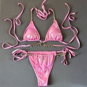 Never Worn Fashion Nova Shimmering Pink Bikini with Rhinestones